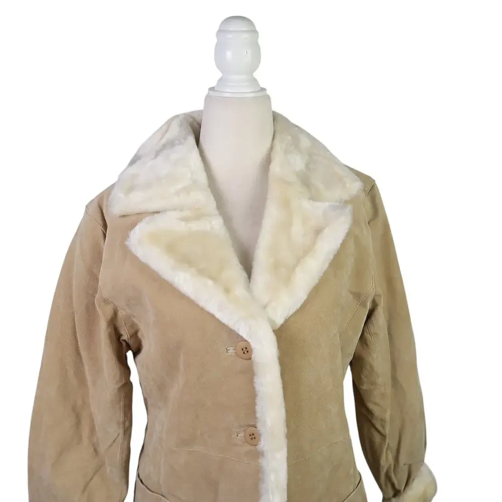 Vintage Y2K Beyond California Tan Suede Leather Cream Faux Fur Sherpa Jacket M - Picture 2 of 6